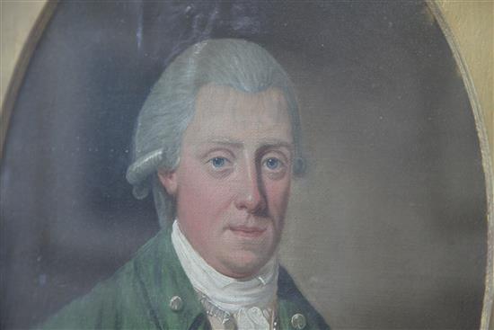 English School c.1780 Portrait of a gentleman wearing a green coat, oval, 12.5 x 9.5in.